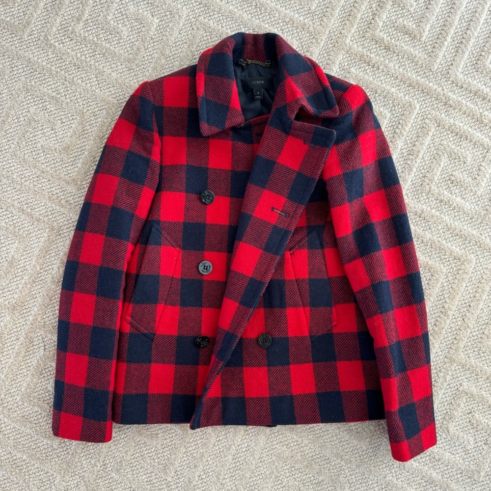 J Crew 100% wool buffalo plaid coat in red and navy. Size 0